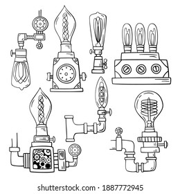 Set of hand drawn vintage edison lamp. Lightbubles retro illustration.