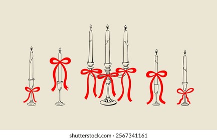 Set of hand drawn vintage elegant candles and candelabra with red bows. Vector illustration in retro sketch parisian style