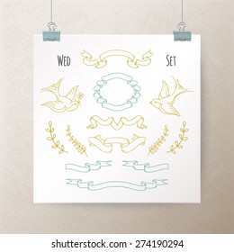 Set of hand drawn vintage elements for wedding design, vector
