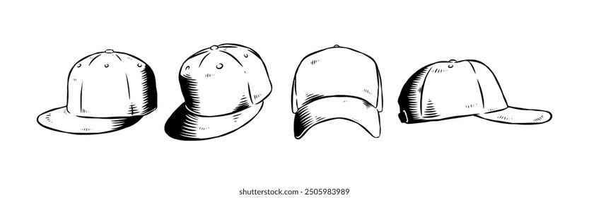 Grabado vintage dibujado a mano de la gorra de béisbol, sombrero del camionero. Aislado sobre fondo blanco. Ilustración vectorial.