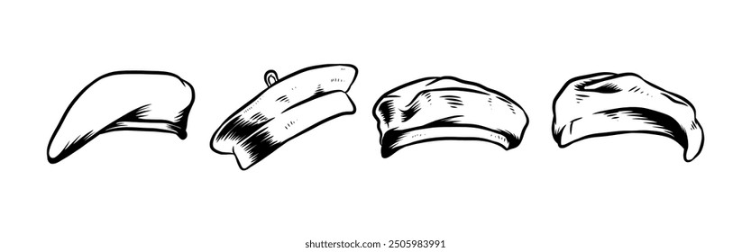 Set Hand drawn vintage engraving of beret hat, military hat, artist hat. Isolated on white background. Vector illustration.