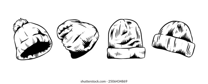 Set Hand drawn vintage engraving of beanie hat, winter hat. Isolated on white background. Vector illustration.