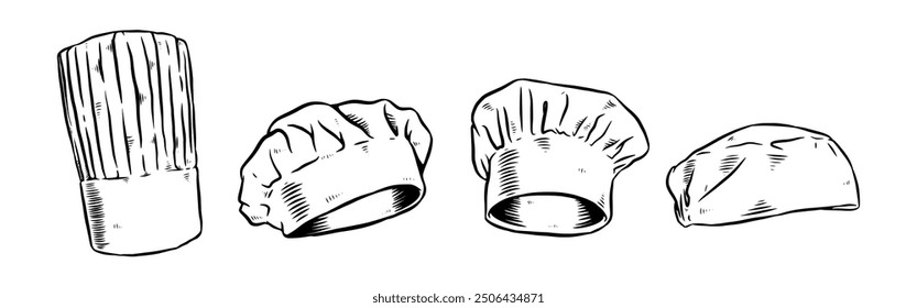 Set Hand drawn vintage engraving of chef hat. Isolated on white background. Vector illustration.