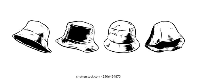 Set Hand drawn vintage engraving of bucket hat. Isolated on white background. Vector illustration.