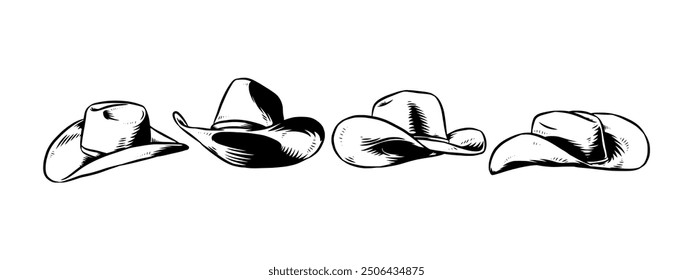 Set Grabado vintage dibujado a mano de sombrero de vaquero. Aislado sobre fondo blanco. Ilustración vectorial.