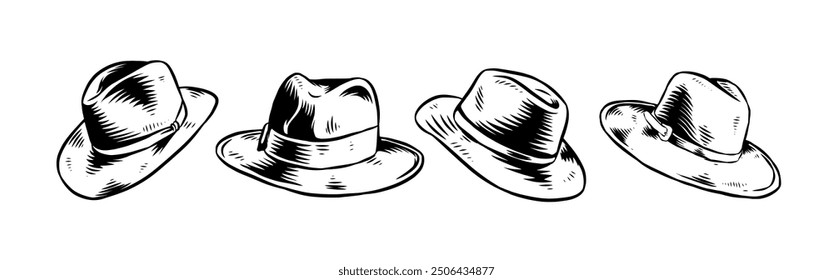 Set Grabado vintage dibujado a mano de sombrero fedora, panama. Aislado sobre fondo blanco. Ilustración vectorial.