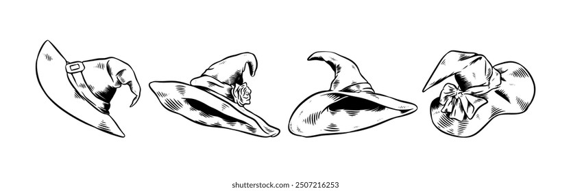 Set Hand drawn vintage engraving of witch hat, wizard hat. Isolated on white background. Vector illustration.