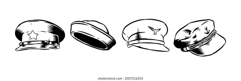 Set Hand drawn vintage engraving of police hat, sailor hat, pilot hat. Isolated on white background. Vector illustration.