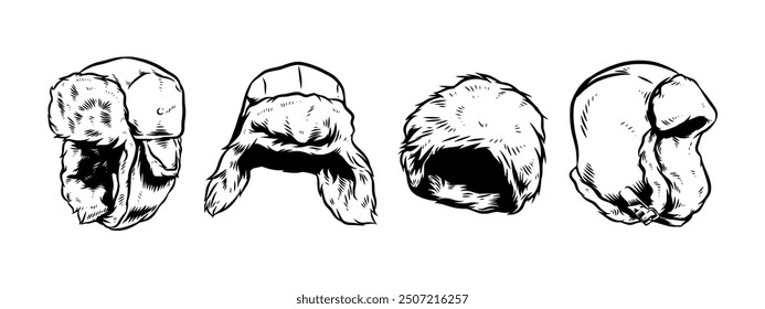 Set Hand drawn vintage engraving of winter trapper hat, earflaps, ushanka. Isolated on white background. Vector illustration.