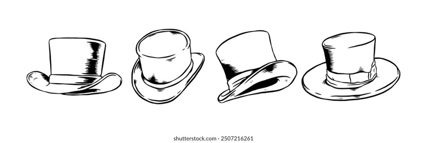 Set Hand drawn vintage engraving of top hat. Isolated on white background. Vector illustration.