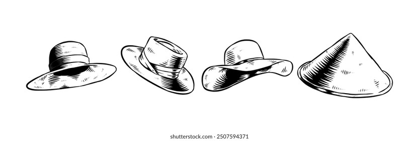 Grabado vintage dibujado a mano de sombrero de paja, sombrero de sol, sombrero de agricultor. Aislado sobre fondo blanco. Ilustración vectorial.