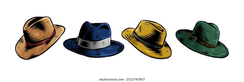 Conjunto de grabado vintage dibujado a mano de sombrero fedora, panama. Aislado sobre fondo blanco. Ilustración vectorial de color.