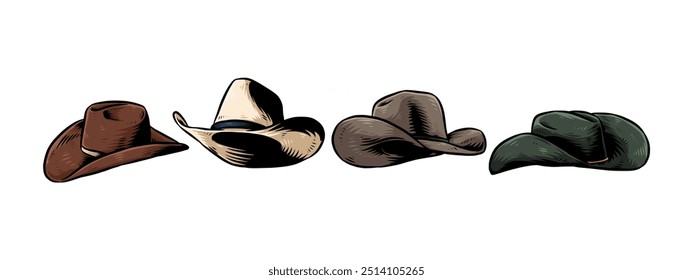 Conjunto de grabado vintage dibujado a mano de sombrero de vaquero. Aislado sobre fondo blanco. Ilustración vectorial de color.