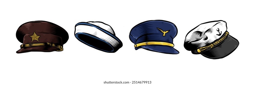 Conjunto dibujado a mano grabado vintage de sombrero de policía, sombrero de marinero, sombrero de piloto. Aislado sobre fondo blanco. Ilustración vectorial de color.