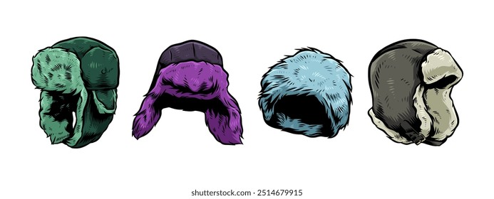 Set hand drawn vintage engraving of winter trapper hat, earflaps, ushanka. Isolated on white background. Colored vector illustration.