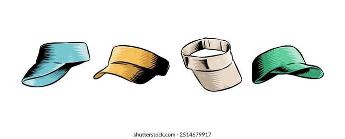 Conjunto de grabado vintage dibujado a mano de gorra de visera, golf, sombrero de tenis. Aislado sobre fondo blanco. Ilustración vectorial de color.