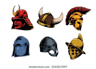 Set Mão desenhada vintage gravura de samurai japonês kabuto, viking, sparta, cavaleiro e capacete de gladiador. Isolado no fundo branco. Ilustração vetorial colorida.