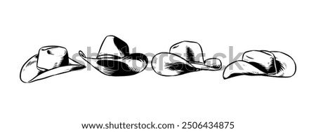 Set Hand drawn vintage engraving of cowboy hat. Isolated on white background. Vector illustration.