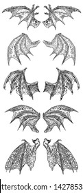 Set of hand drawn vintage etched woodcut fallen angel or vampire detailed wings. Dragon or gargoyle wings. Heraldic wings for tattoo and mascot design. Isolated sketch collection. Vector.