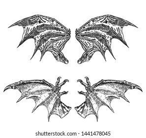 Set of hand drawn vintage etched woodcut fallen angel or vampire detailed wings. Dragon or gargoyle wings. Heraldic wings for tattoo and mascot design. Isolated sketch collection. Vector.