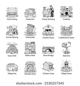 Set of Hand Drawn Vintage Farm Illustrations 

