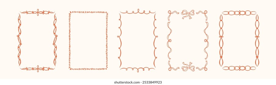 Set of hand drawn vintage frames with wavy lines, bows and ribbons. Minimalist doodle vector borders. Modern swirls frames for wedding invitations, greeting card, social media decoration template.