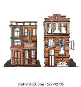 Set of hand drawn vintage homes. Vector collection of sketch famous buildings.