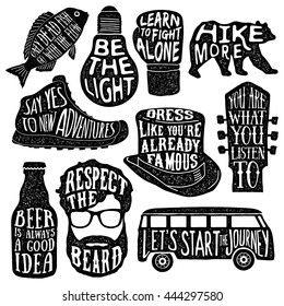 set of hand drawn vintage labels with textured illustrations and inspirational quotes about lifestyle. vector typography posters collection. lettering artworks for t-shirt or bag print