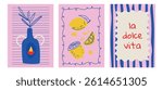 Set of hand drawn vintage posters in a dolce vita style with lemons. Vector illustrations inspired by classic Italian aesthetics. Ideal for invitations, menu designs, food themed concepts such as brea