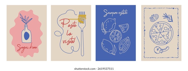 Set of hand drawn vintage posters in dolce vita style. Vector illustration of italian style hand drawn posters. Illustration for invitations, menus design. Breakfast, lunch, dinner concept.	