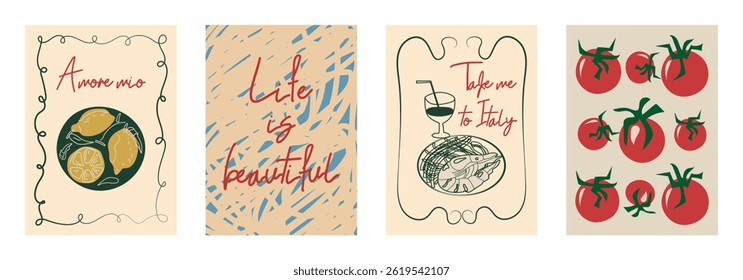 Set of hand drawn vintage posters in dolce vita style. Vector illustration of italian style hand drawn posters. Illustration for invitations, menus design. Breakfast, lunch, dinner concept.	