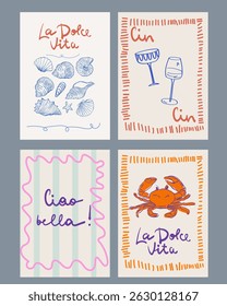 Set of hand drawn vintage posters in dolce vita style. Contemporary art vector illustrations. Vintage vector print. Print for t-shirt. Trendy minimalist posters