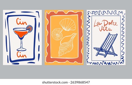 Set of hand drawn vintage posters in dolce vita style. Contemporary art vector illustrations. Vintage vector print. Print for t-shirt. Trendy minimalist posters