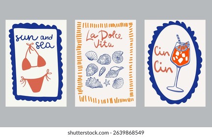 Set of hand drawn vintage posters in dolce vita style. Contemporary art vector illustrations. Vintage vector print. Print for t-shirt. Trendy minimalist posters