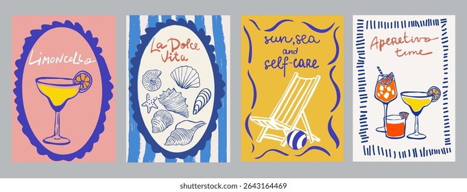 Set of hand drawn vintage posters in dolce vita style. Contemporary art vector illustrations. Vintage vector print. Print for t-shirt. Trendy minimalist posters. Printable.	

