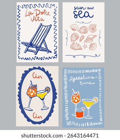 Set of hand drawn vintage posters in dolce vita style. Contemporary art vector illustrations. Vintage vector print. Print for t-shirt. Trendy minimalist posters. Printable.	
