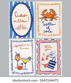 Set of hand drawn vintage posters in dolce vita style. Contemporary art vector illustrations. Vintage vector print. Print for t-shirt. Trendy minimalist posters. Printable.	

