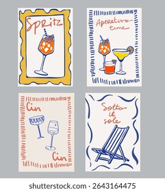 Set of hand drawn vintage posters in dolce vita style. Contemporary art vector illustrations. Vintage vector print. Print for t-shirt. Trendy minimalist posters. Printable.	
