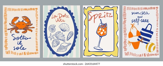 Set of hand drawn vintage posters in dolce vita style. Contemporary art vector illustrations. Vintage vector print. Print for t-shirt. Trendy minimalist posters. Printable.	
