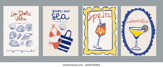 Set of hand drawn vintage posters in dolce vita style. Contemporary art vector illustrations. Vintage vector print. Print for t-shirt. Trendy minimalist posters. Printable.	
