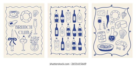 Set of hand drawn vintage posters in la dolce vita style. Whimsical drawings of wine bottles, food and decor. Breakfast, lunch, dinner, brunch concept. Contemporary art vector illustrations