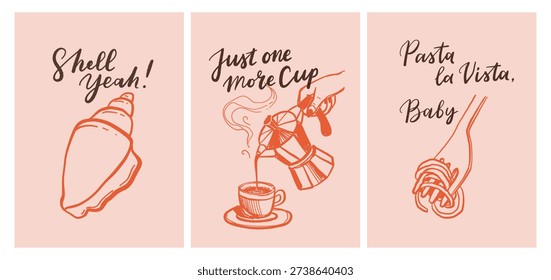 Set of hand drawn vintage posters in dolce vita style. Vector illustration of italian style hand drawn posters. Illustration for invitations, menus design. Breakfast, lunch, dinner concept.