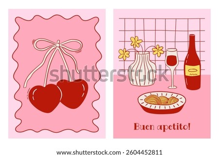 Set of hand drawn vintage posters in trendy style. Whimsical drawings of cherry with bow, pasta, wine and glass. Coquette girly design. Contemporary art vector illustrations