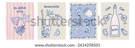 Set of hand drawn vintage posters in a Dolce Vita style. Vector illustrations inspired by classic Italian aesthetics. Ideal for invitations, menu designs,food themed concepts such as breakfast, lunch.