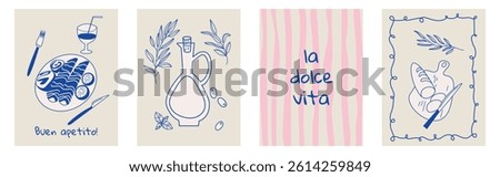 Set of hand drawn vintage posters in a Dolce Vita style. Vector illustrations inspired by classic Italian aesthetics. Ideal for invitations, menu designs,food themed concepts such as breakfast, lunch.