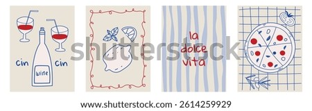 Set of hand drawn vintage posters in a Dolce Vita style. Vector illustrations inspired by classic Italian aesthetics. Ideal for invitations, menu designs,food themed concepts such as breakfast, lunch.