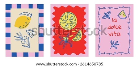 Set of hand drawn vintage posters in a dolce vita style with lemons. Vector illustrations inspired by classic Italian aesthetics. Ideal for invitations, menu designs, food themed concepts such as brea
