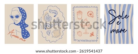 Set of hand drawn vintage posters in dolce vita style. Vector illustration of italian style hand drawn posters. Illustration for invitations, menus design. Breakfast, lunch, dinner concept.