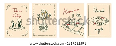 Set of hand drawn vintage posters in dolce vita style. Vector illustration of italian style hand drawn posters. Illustration for invitations, menus design. Breakfast, lunch, dinner concept.