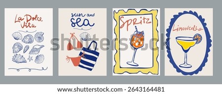 Set of hand drawn vintage posters in dolce vita style. Contemporary art vector illustrations. Vintage vector print. Print for t-shirt. Trendy minimalist posters. Printable.	
